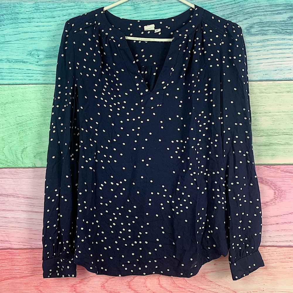 GAP navy blue and white polka dot long sleeve v neck chiffon blouse